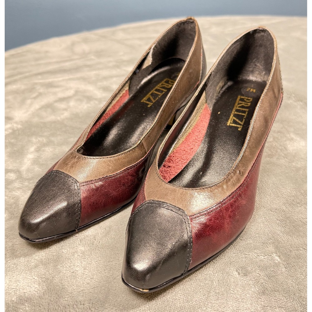 Pritzi Pumps Womens 7M Colorblock Leather Heels Burgundy Brown Black
